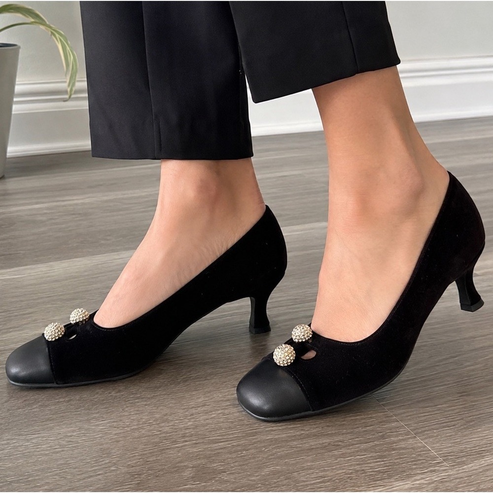 Caparros Black Velvet Kitten Heels 2" Jeweled Embellished Toe Dress Shoes Pumps